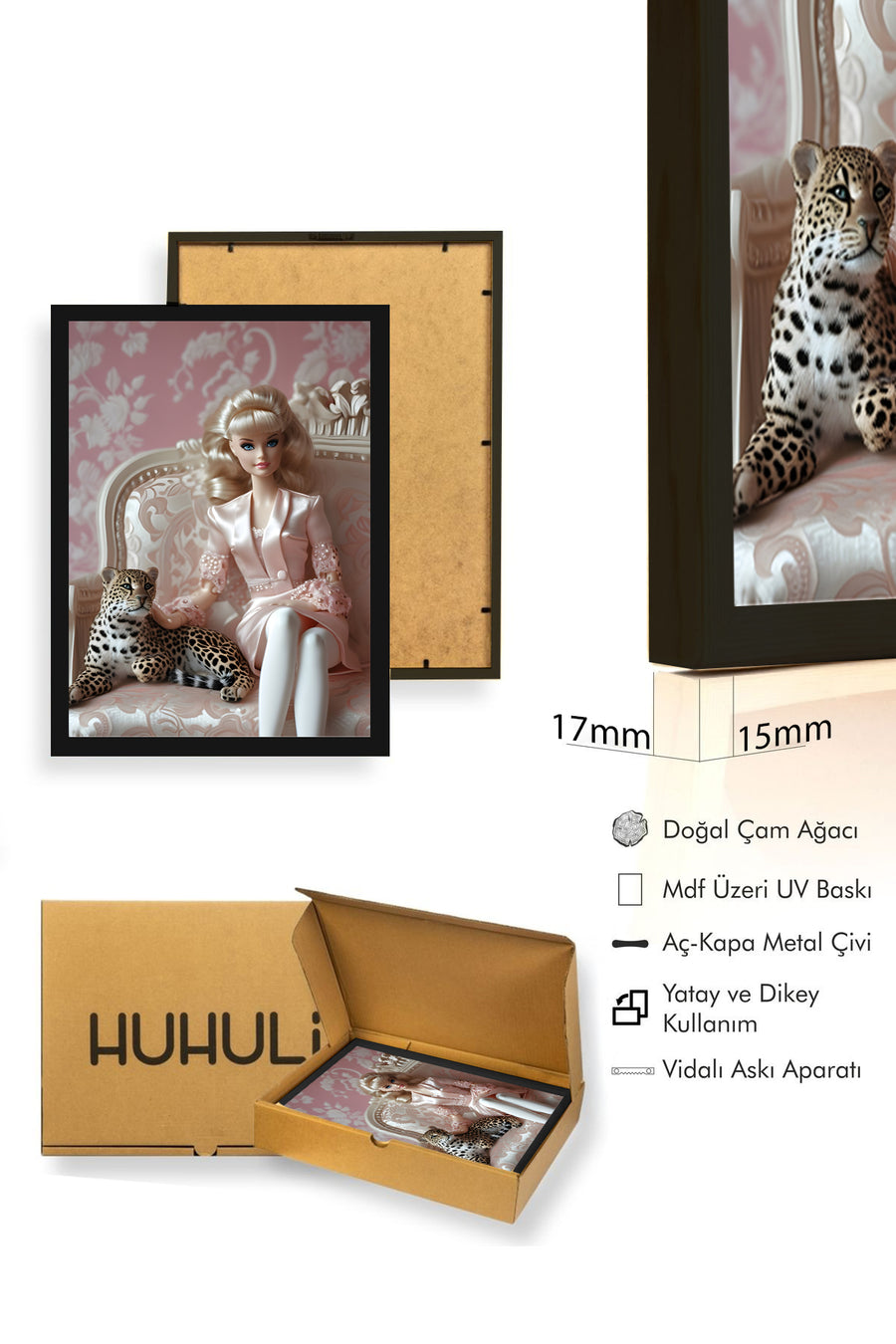Doğal Ahşap Çerçeveli Retro Portre Tablo - Şık Figür Desenli | huhu2584