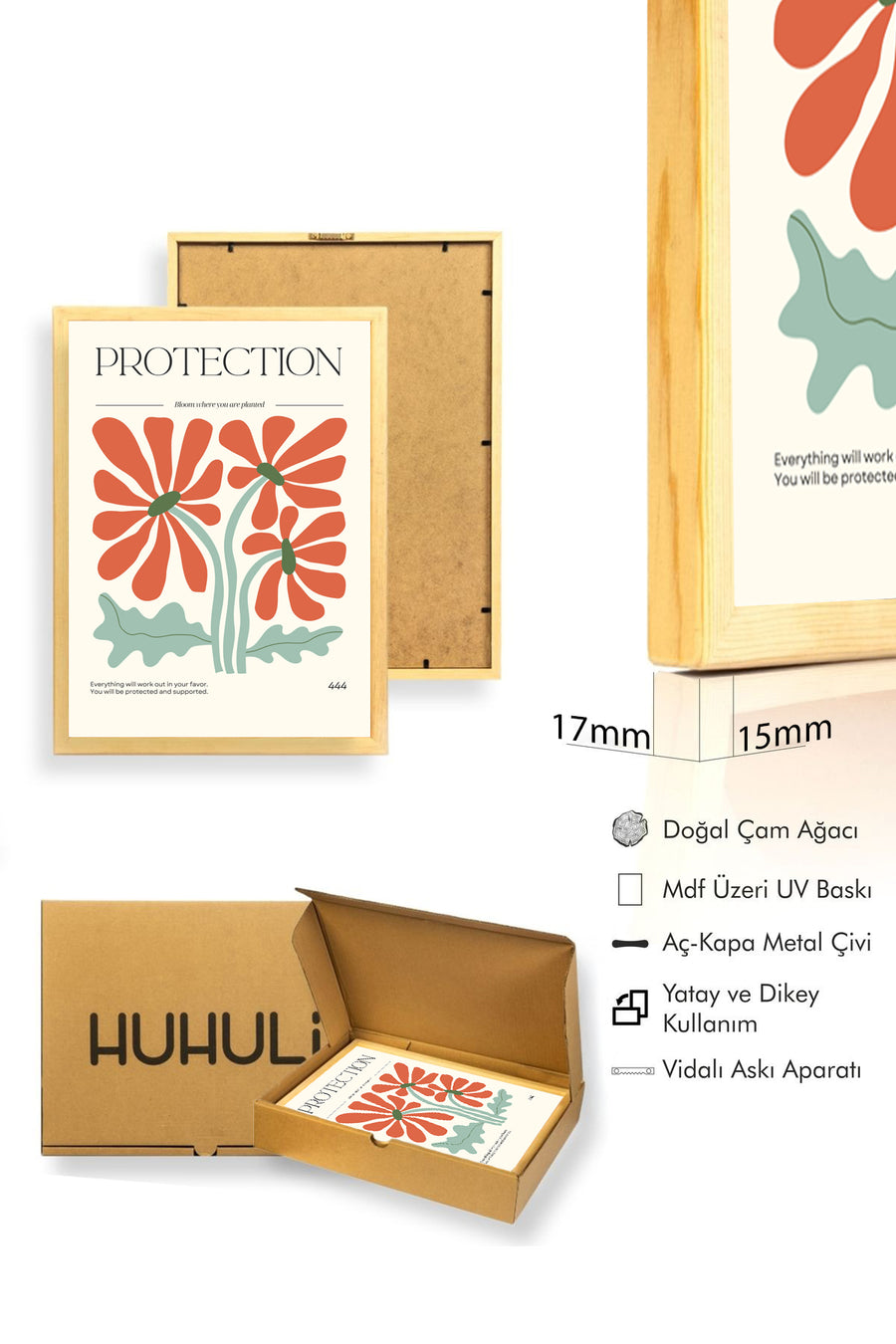 Doğal Ahşap Çerçeveli Retro Çiçek Tablo - Canlı Tonlar | huhu2589