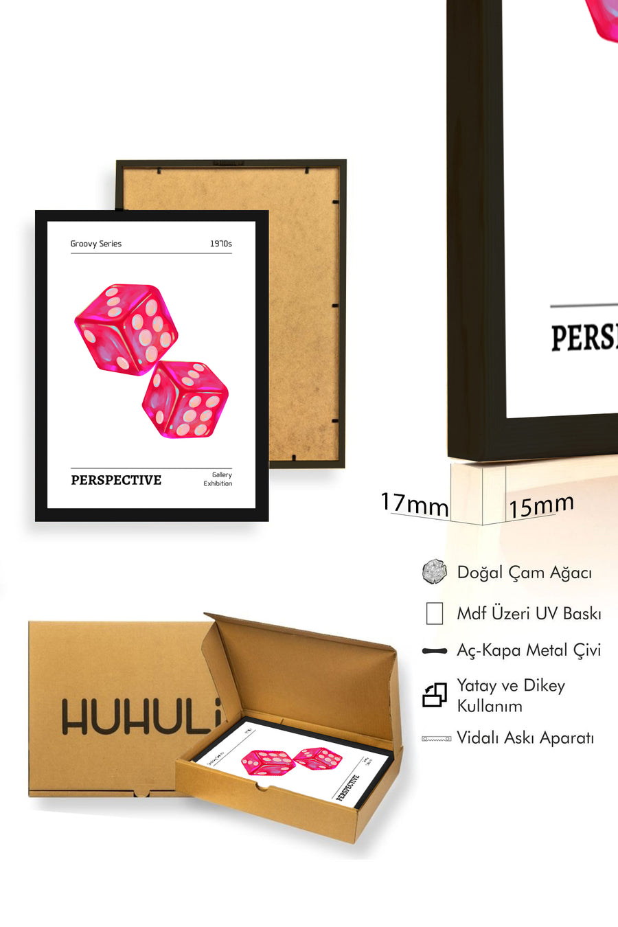 Doğal Ahşap Çerçeveli Retro Küp Desenli Tablo - Pembe Tonlar | huhu2591