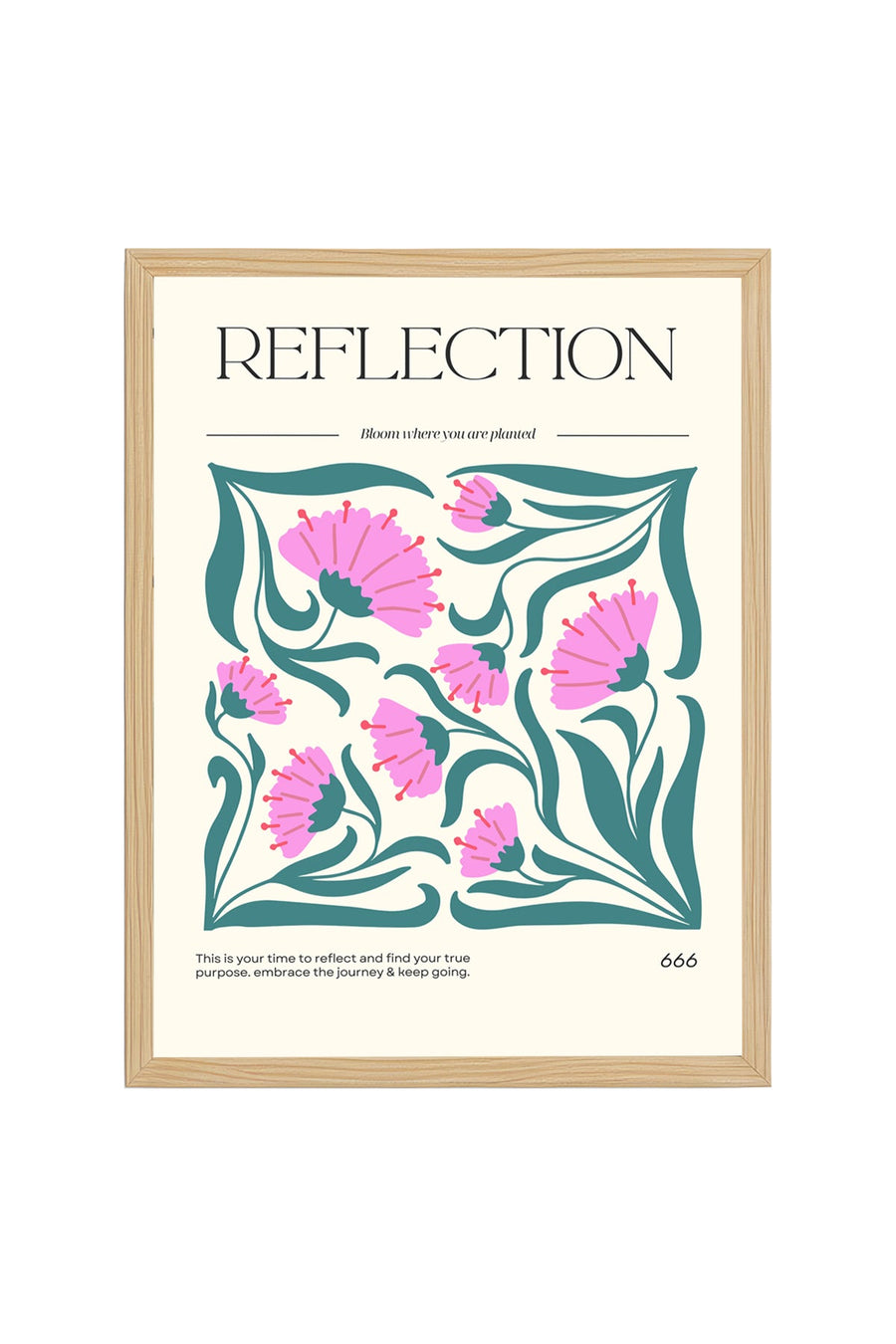 Doğal Ahşap Çerçeveli Retro Floral Desenli Tablo - Pembe Tonlar | huhu2592