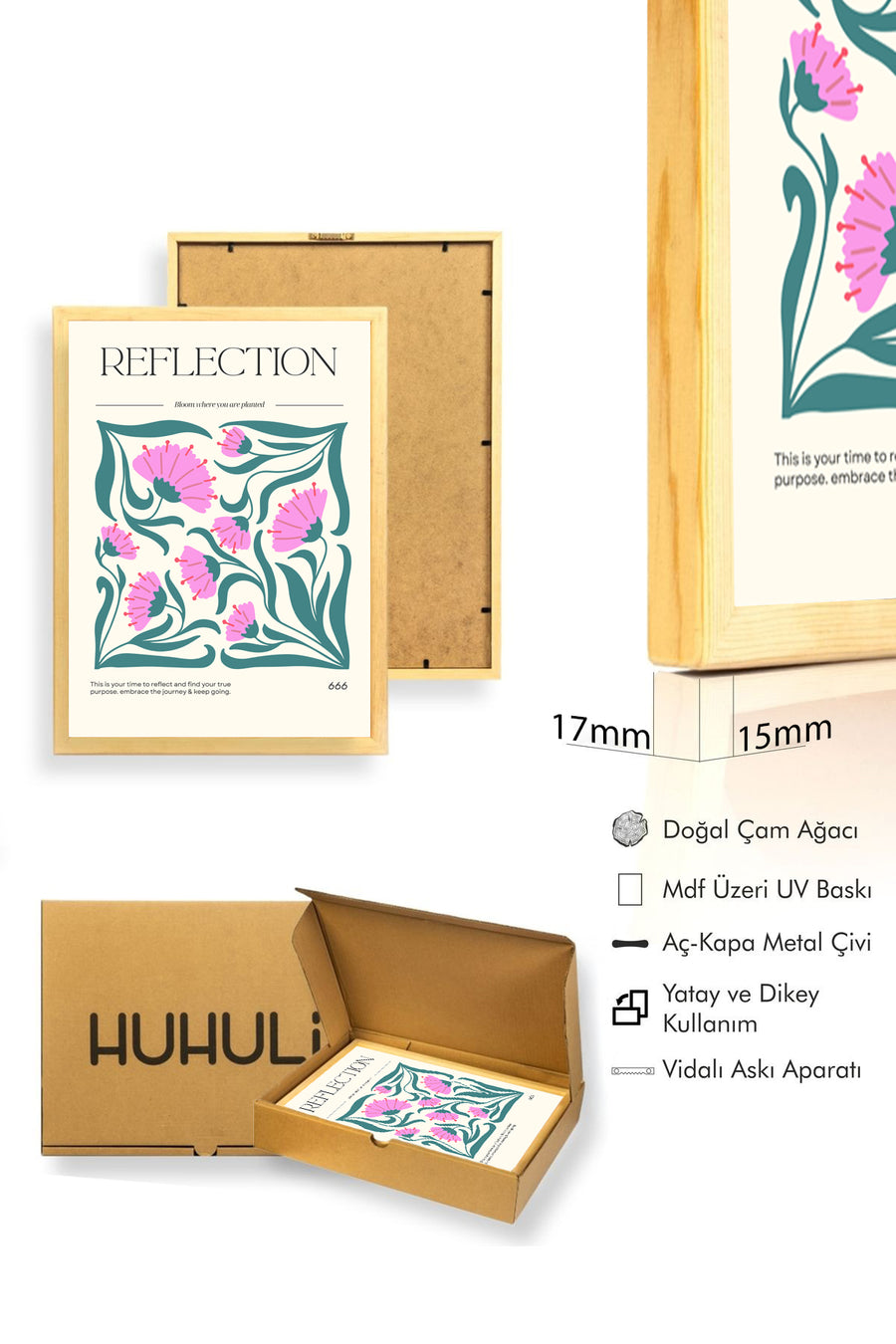 Doğal Ahşap Çerçeveli Retro Floral Desenli Tablo - Pembe Tonlar | huhu2592