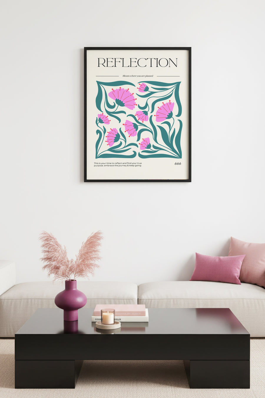 Doğal Ahşap Çerçeveli Retro Floral Desenli Tablo - Pembe Tonlar | huhu2592