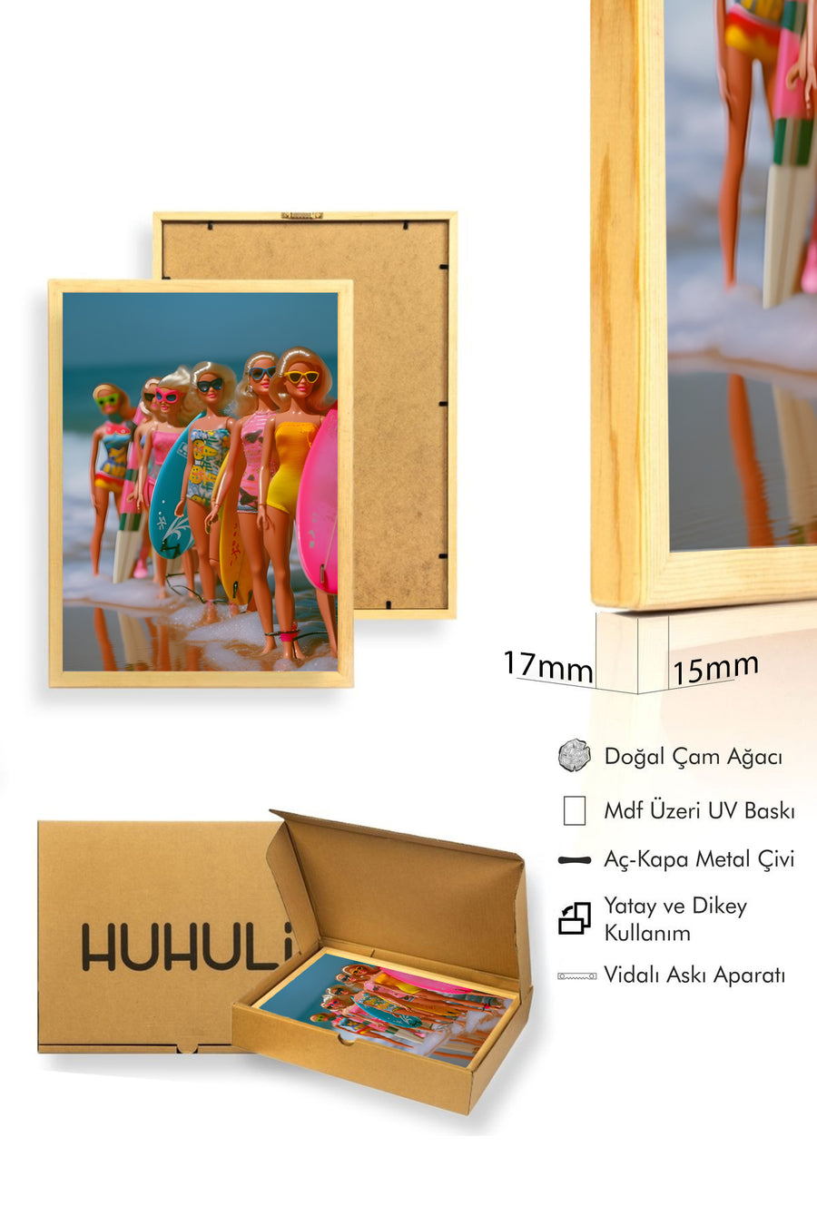 Doğal Ahşap Çerçeveli Retro Tablo - Tropikal Desen | huhu2593