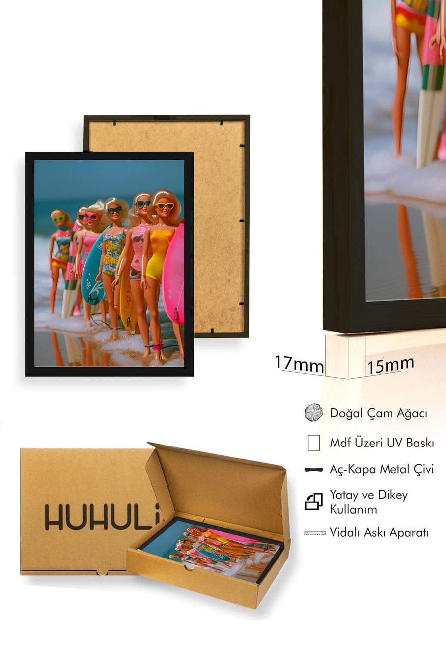 Doğal Ahşap Çerçeveli Retro Tablo - Tropikal Desen | huhu2593
