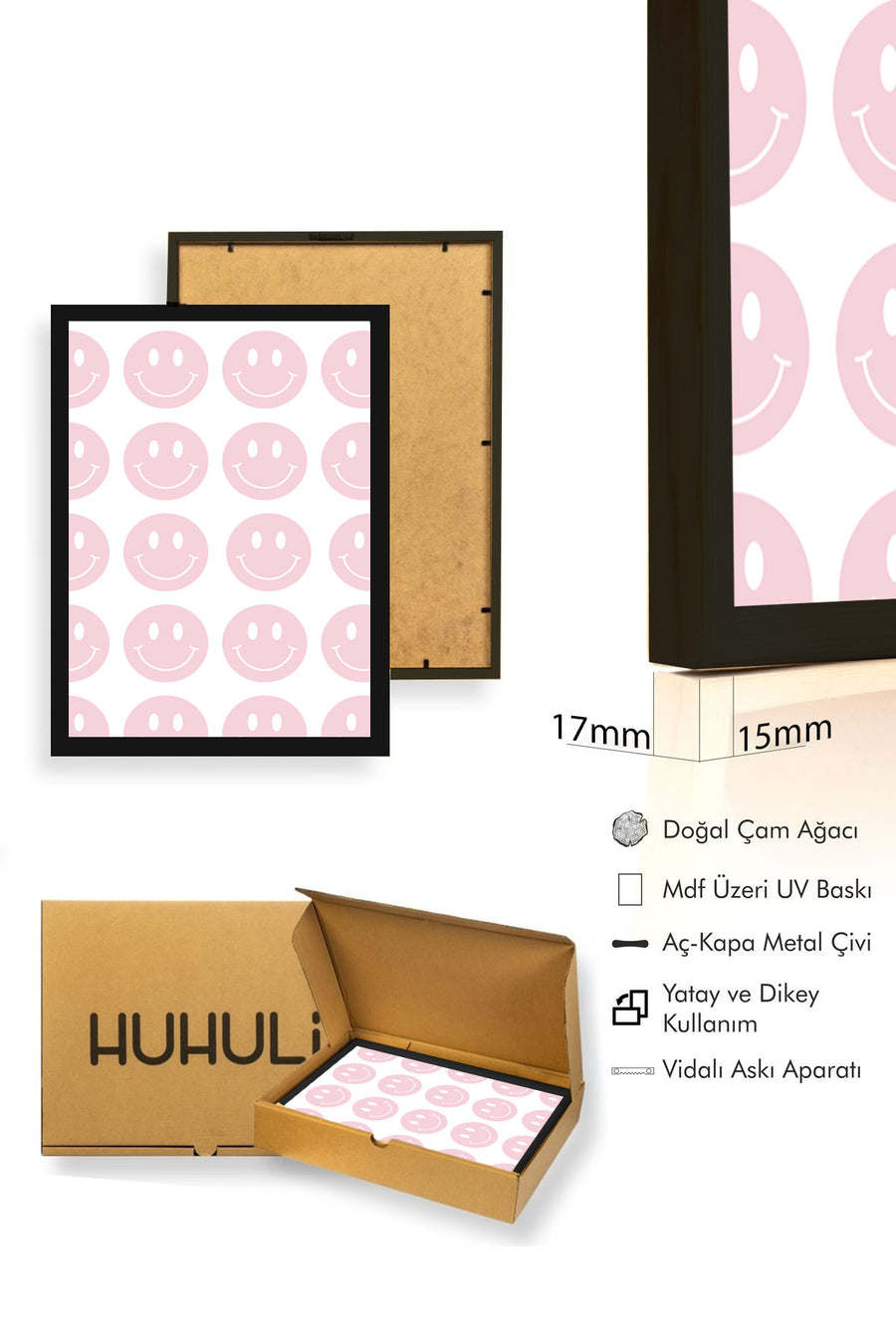 Doğal Ahşap Çerçeveli Retro Tablo - Neşeli Smiley Yüz Desenli | huhu2594