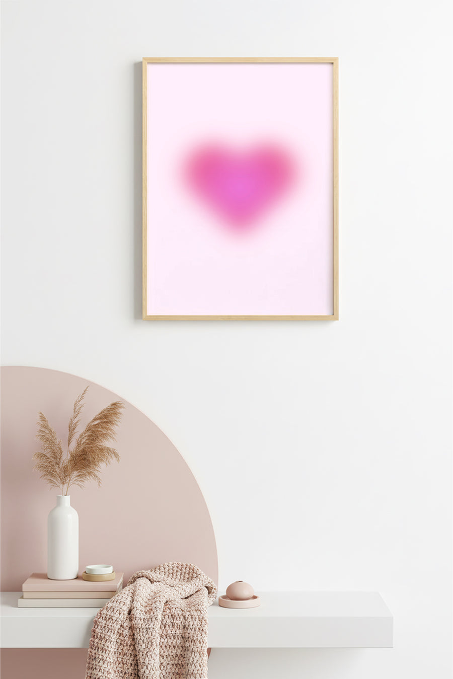 Doğal Ahşap Çerçeveli Retro Soyut Kalp Tablo - Pembe Tonlar | huhu2595