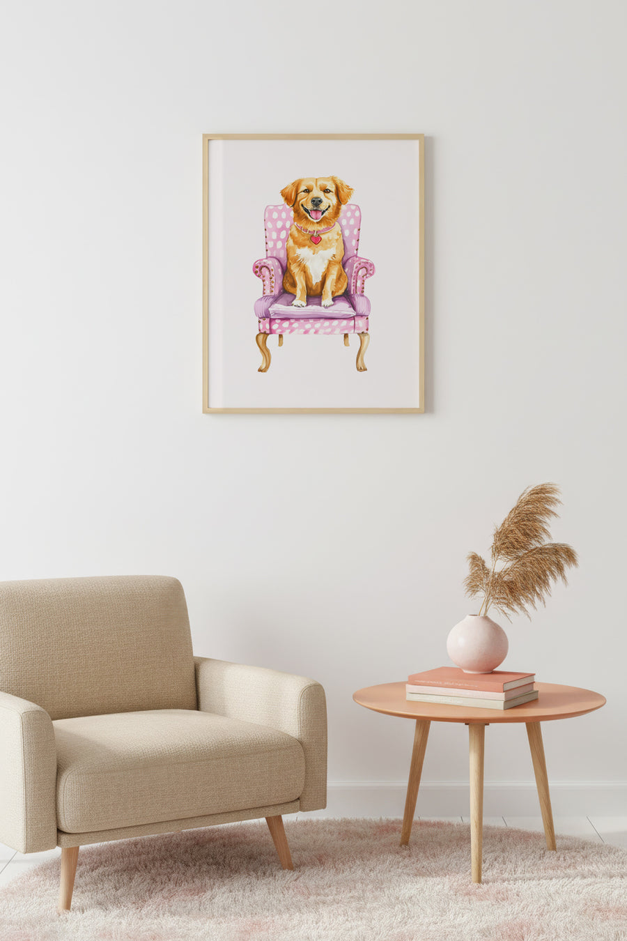 Doğal Ahşap Çerçeveli Golden Retriever Köpek Tablo - Retro Hayvan Portresi | huhu2596