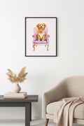 Doğal Ahşap Çerçeveli Golden Retriever Köpek Tablo - Retro Hayvan Portresi | huhu2596