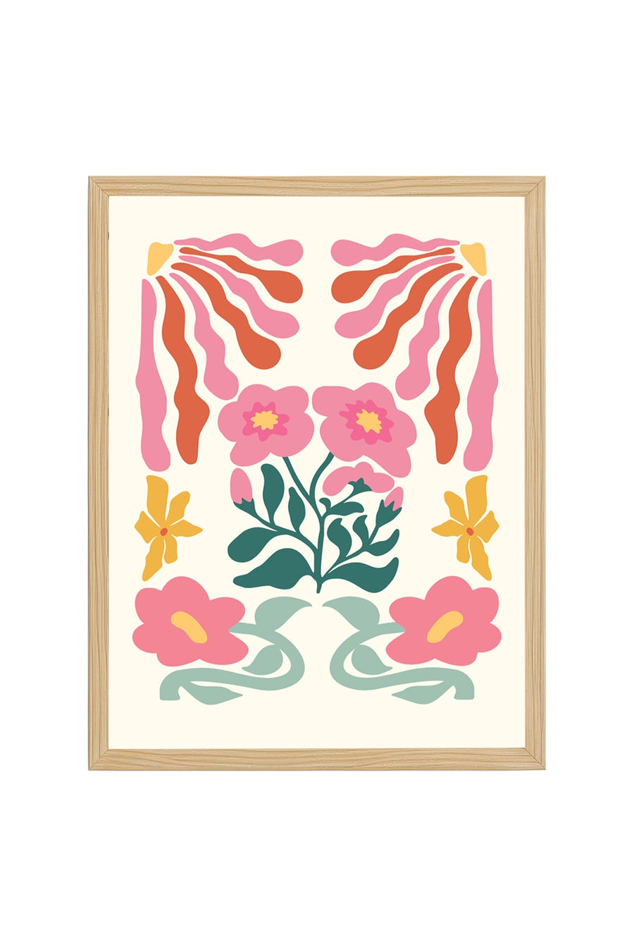 Doğal Ahşap Çerçeveli Retro Çiçekli Tablo - Pembe Tonlarda Floral Desen | huhu2597