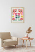 Doğal Ahşap Çerçeveli Retro Çiçekli Tablo - Pembe Tonlarda Floral Desen | huhu2597