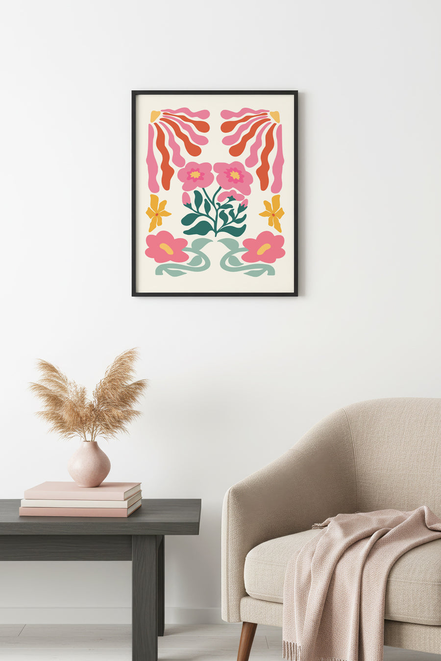 Doğal Ahşap Çerçeveli Retro Çiçekli Tablo - Pembe Tonlarda Floral Desen | huhu2597