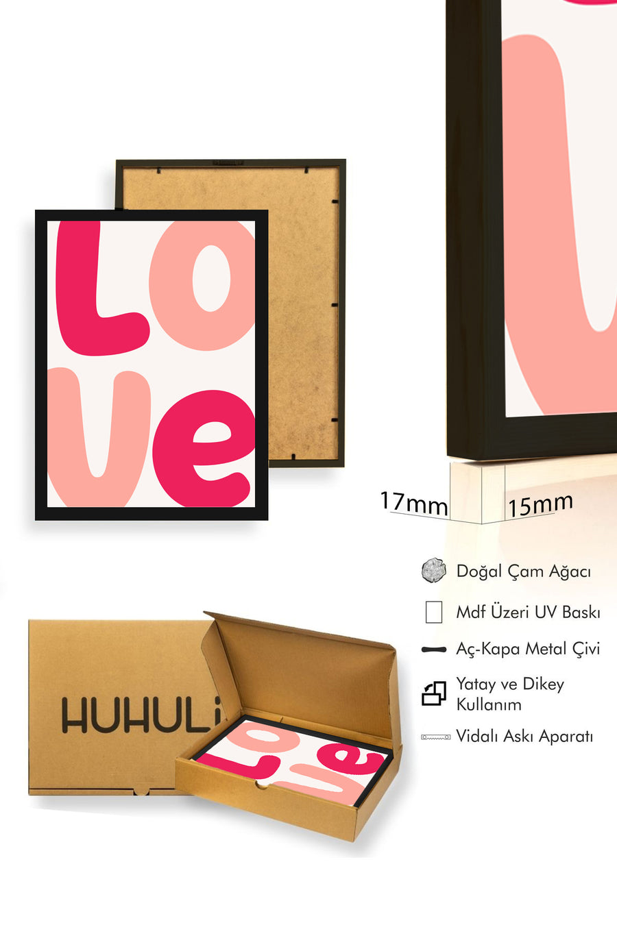 Doğal Ahşap Çerçeveli Pop Art Love Yazılı Tablo - Retro Pembe Tonlar | huhu2598