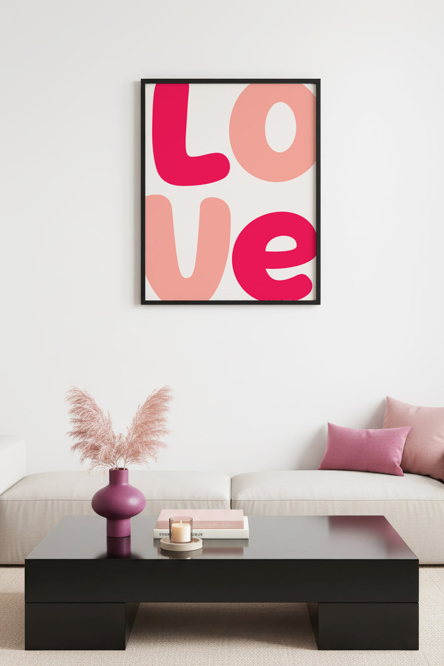 Doğal Ahşap Çerçeveli Pop Art Love Yazılı Tablo - Retro Pembe Tonlar | huhu2598