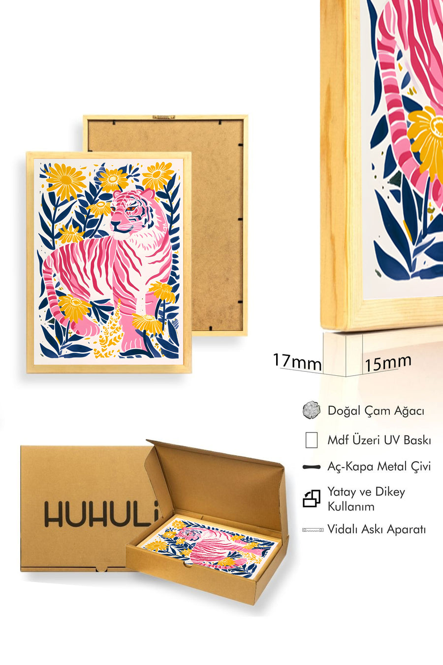 Doğal Ahşap Çerçeveli Retro Kaplan Çiçekli Tablo - Tropikal Desen | huhu2601