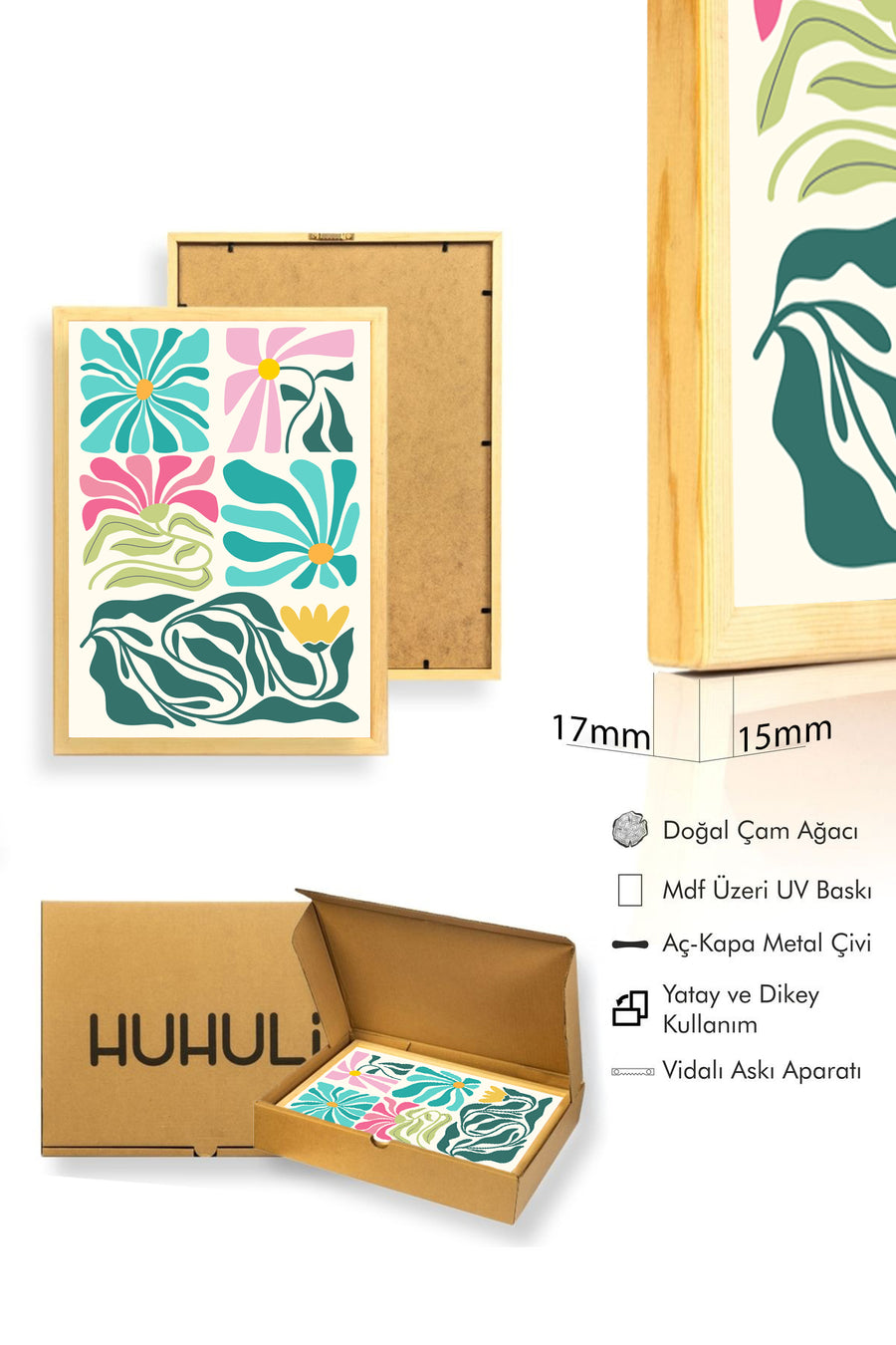 Doğal Ahşap Çerçeveli Canlı Çiçekli Retro Tablo - Soyut Desenler | huhu2602