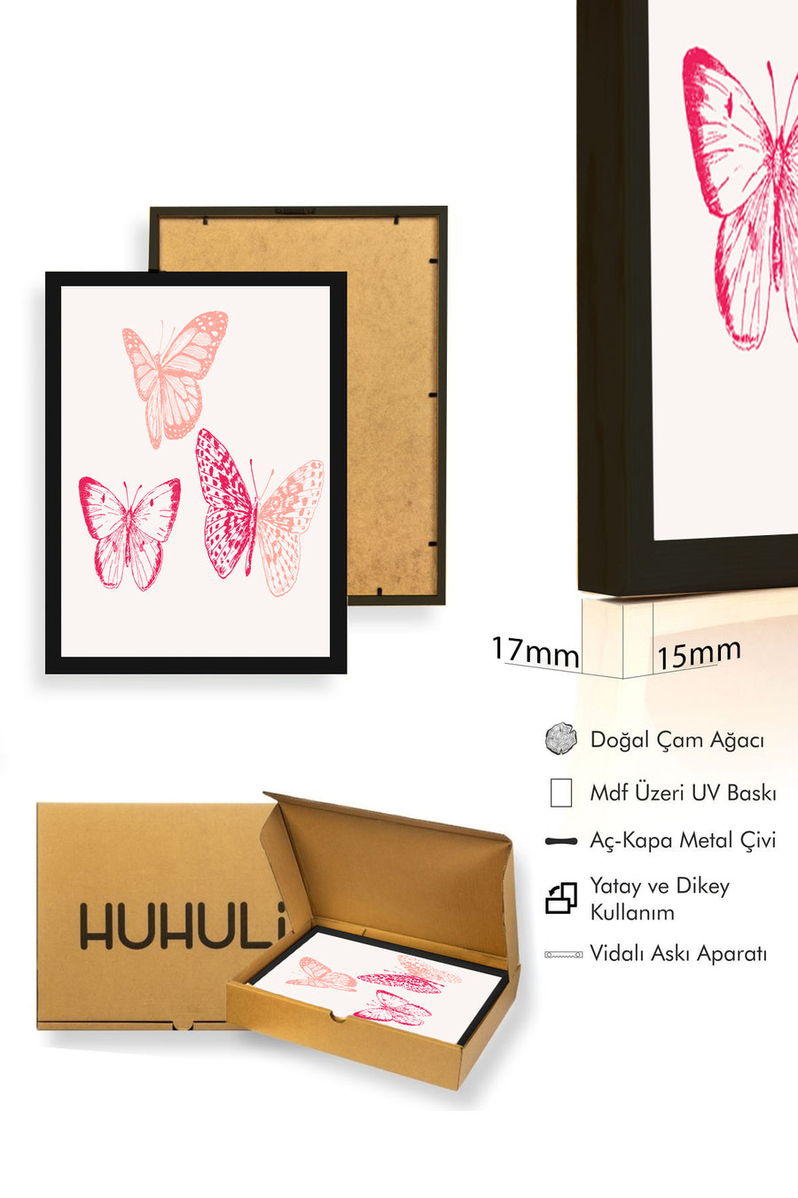 Doğal Ahşap Çerçeveli Retro Kelebek Tablo - Pembe Tonlar Desenli Duvar Dekoru | huhu2603
