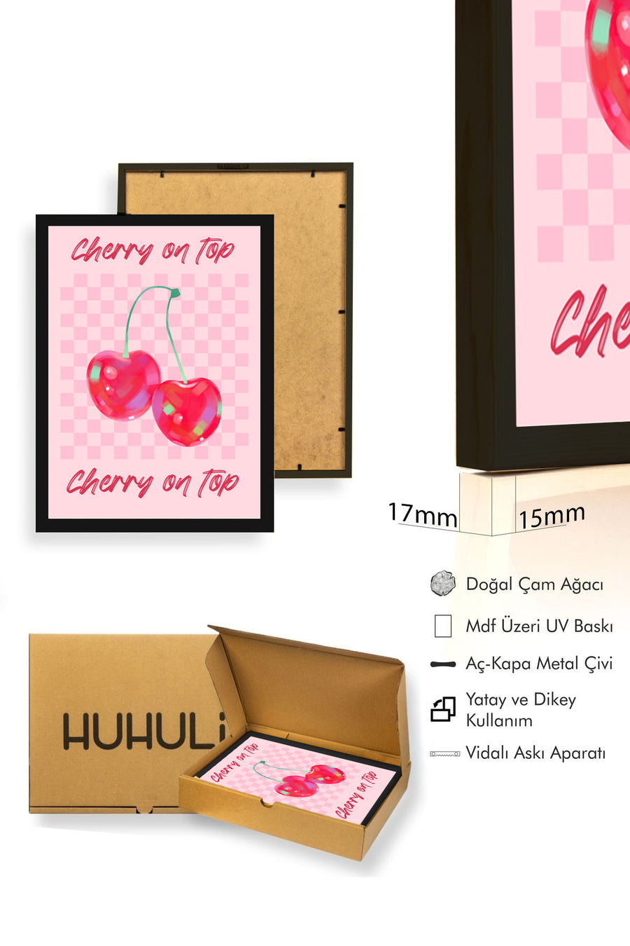 Doğal Ahşap Çerçeveli Pop Art Cherry On Top Tablo - Retro Kiraz Desenli | huhu2604