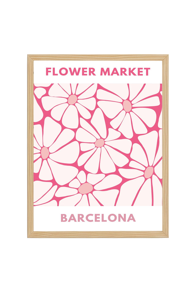 Doğal Ahşap Çerçeveli Retro Çiçek Desenli Tablo - Barcelona Floral Baskı | huhu2605
