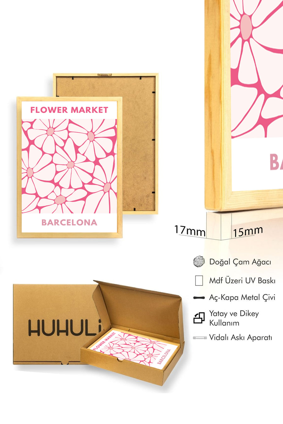 Doğal Ahşap Çerçeveli Retro Çiçek Desenli Tablo - Barcelona Floral Baskı | huhu2605