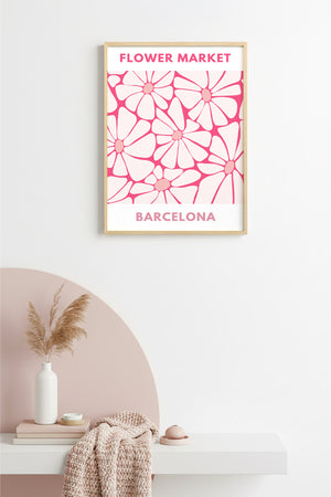 Doğal Ahşap Çerçeveli Retro Çiçek Desenli Tablo - Barcelona Floral Baskı | huhu2605