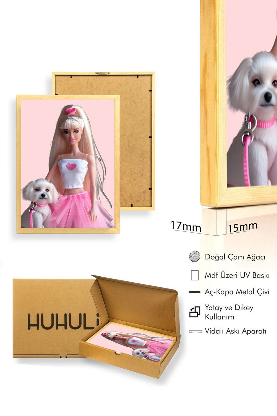 Doğal Ahşap Çerçeveli Retro Kalpli Tablo - Pembe Tonlar | huhu2606