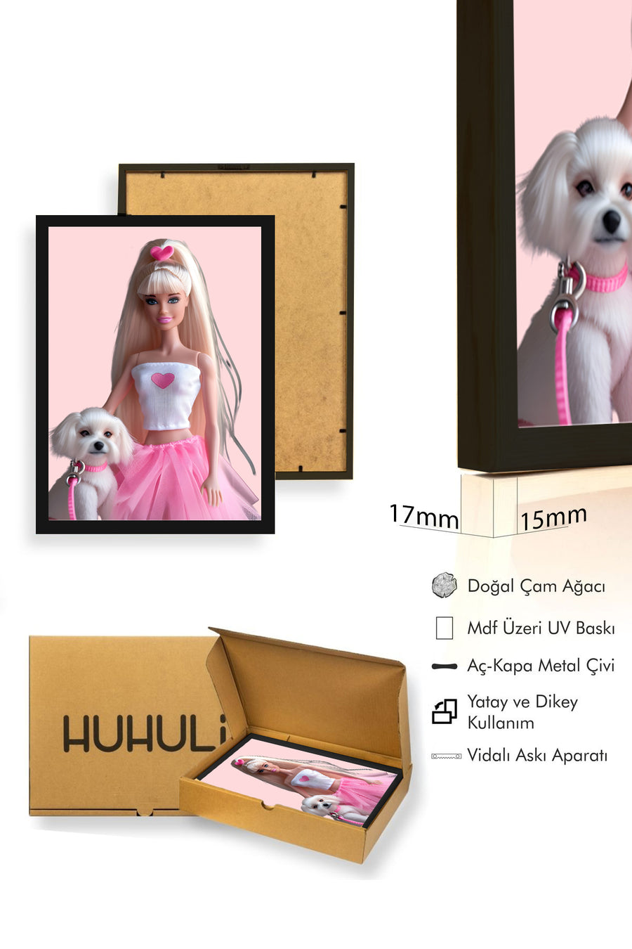 Doğal Ahşap Çerçeveli Retro Kalpli Tablo - Pembe Tonlar | huhu2606