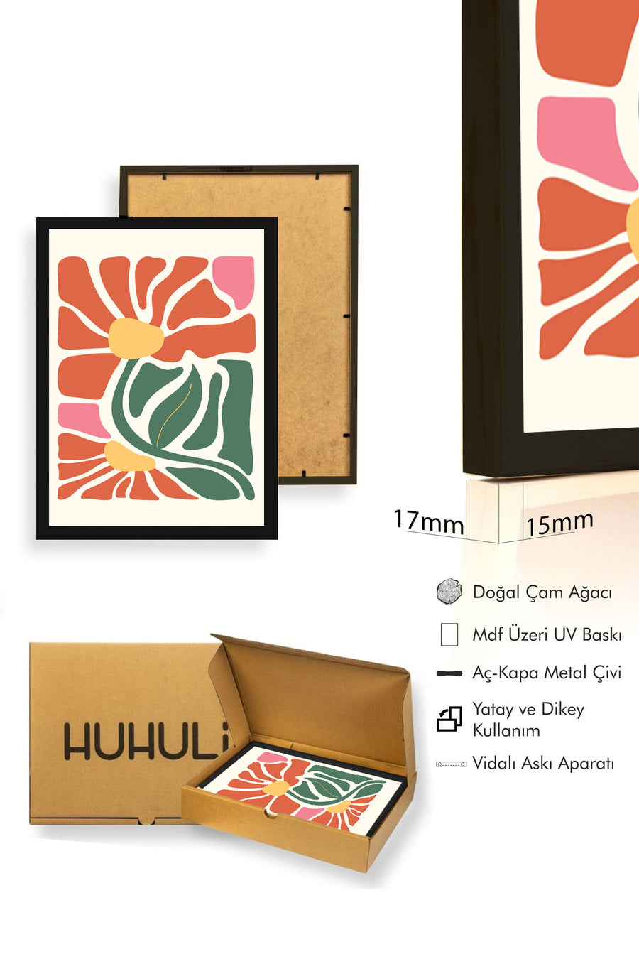 Doğal Ahşap Çerçeveli Retro Soyut Çiçekli Tablo - Pastel Tonlar | huhu2607