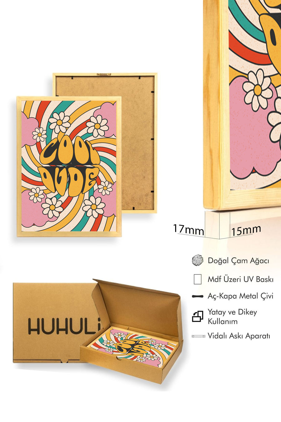 Doğal Ahşap Çerçeveli Retro Pop Art Tablo - Cool Dude | huhu2608