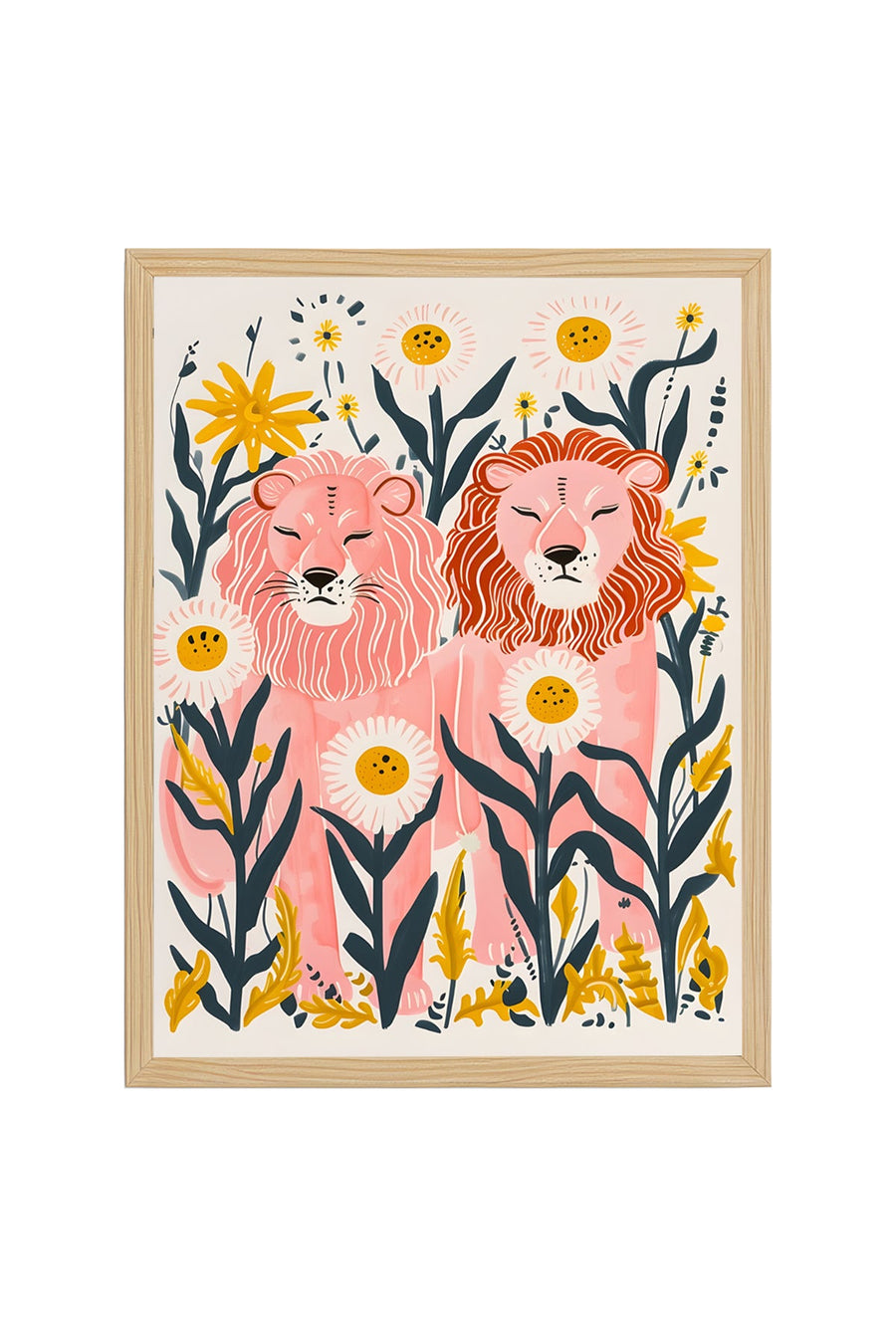 Doğal Ahşap Çerçeveli Retro Aslan ve Çiçek Desenli Tablo - Pembe Tonlar | huhu2611