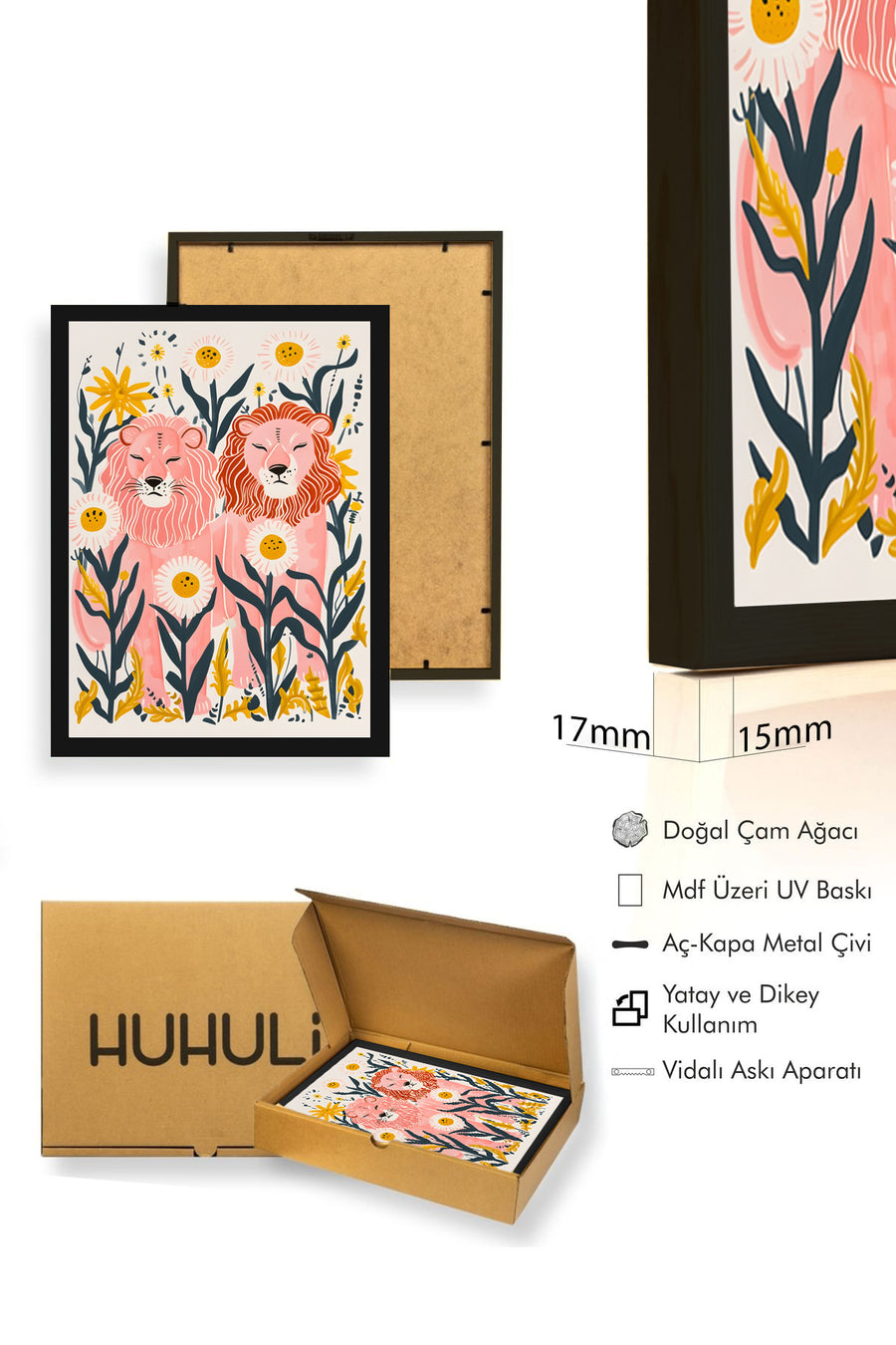 Doğal Ahşap Çerçeveli Retro Aslan ve Çiçek Desenli Tablo - Pembe Tonlar | huhu2611
