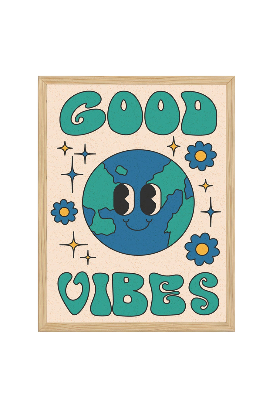 Doğal Ahşap Çerçeveli Pop Art Dünya Tablo - Good Vibes Retro | huhu2613