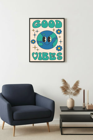 Doğal Ahşap Çerçeveli Pop Art Dünya Tablo - Good Vibes Retro | huhu2613