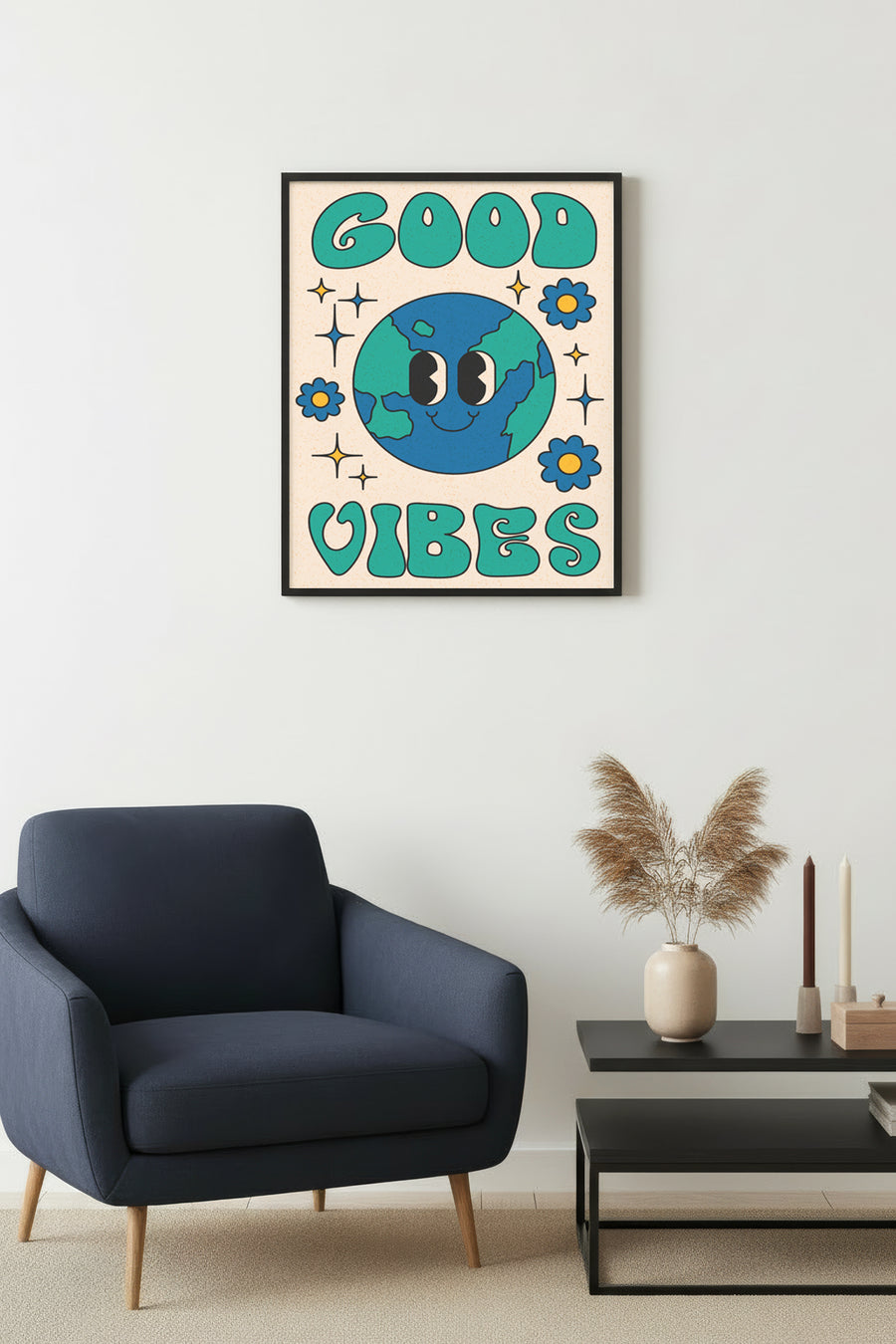 Doğal Ahşap Çerçeveli Pop Art Dünya Tablo - Good Vibes Retro | huhu2613