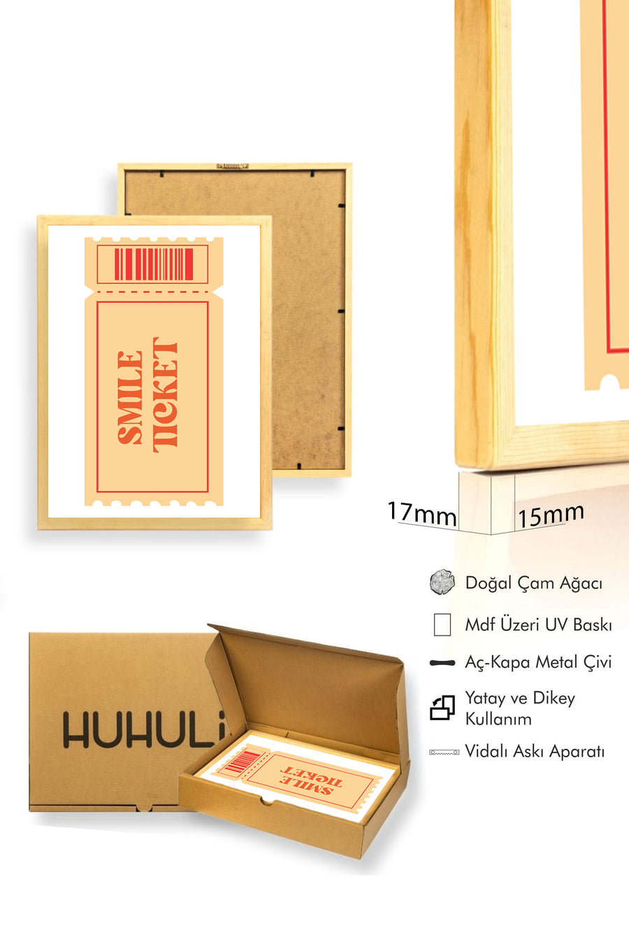 Doğal Ahşap Çerçeveli Retro Tablo - Smile Bilet Temalı | huhu2615