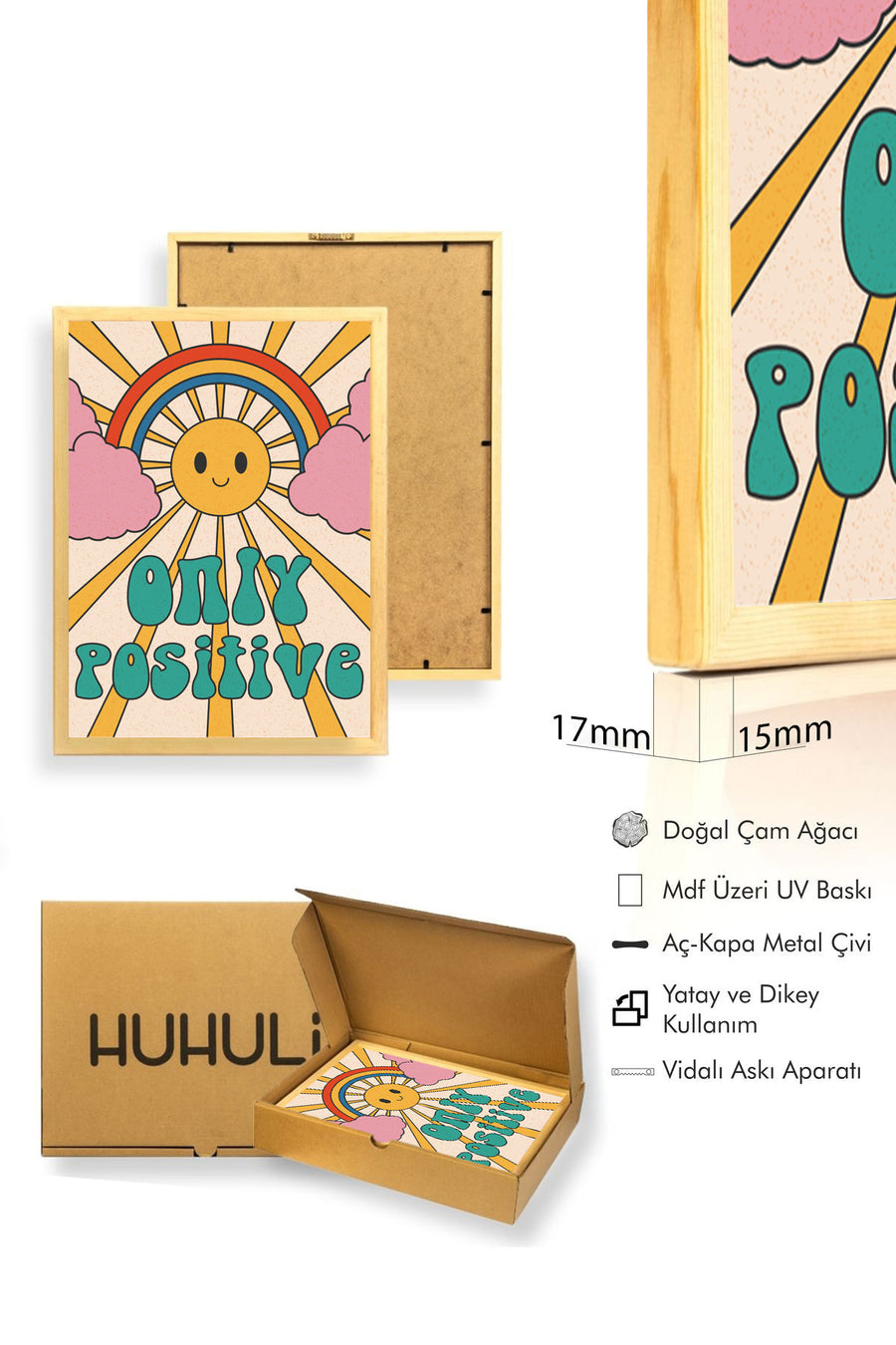 Doğal Ahşap Çerçeveli Retro Tablo - Pop Art Pozitif Güneş Yağmurkuşağı | huhu2618