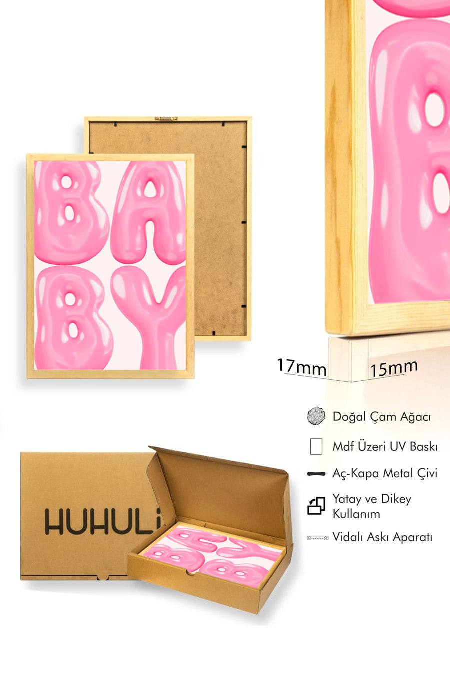 Doğal Ahşap Çerçeveli Pembe Alfabe Harfleri Tablo - Retro Stil | huhu2619