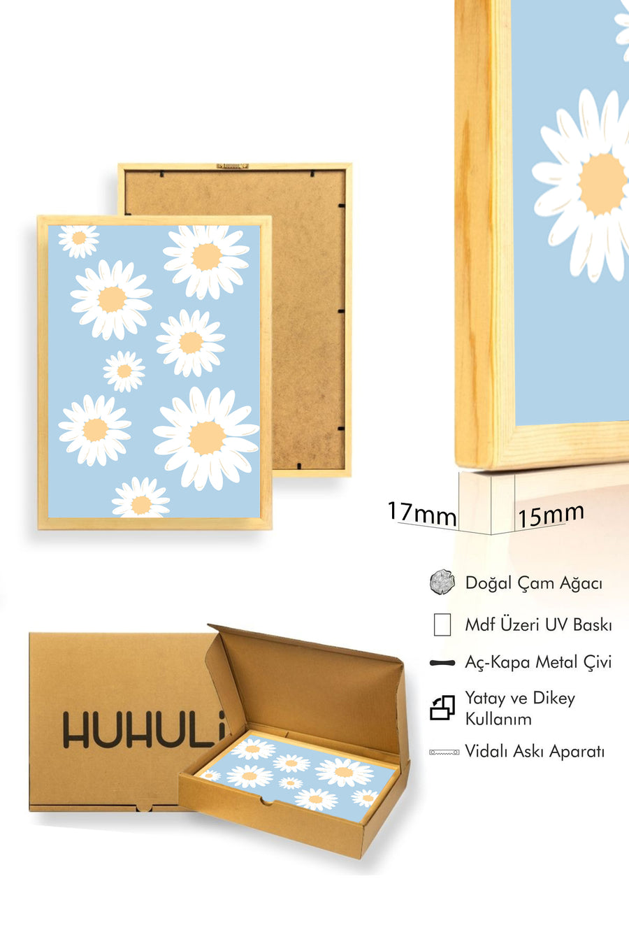 Doğal Ahşap Çerçeveli Retro Tablo - Sarı Daisy Çiçekli Duvar Dekoru | huhu2620
