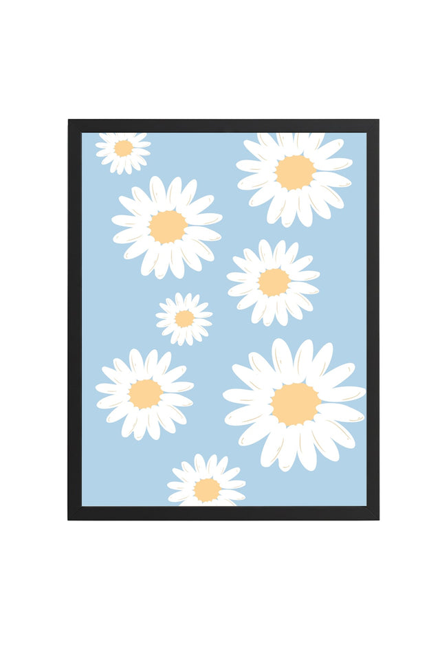Doğal Ahşap Çerçeveli Retro Tablo - Sarı Daisy Çiçekli Duvar Dekoru | huhu2620
