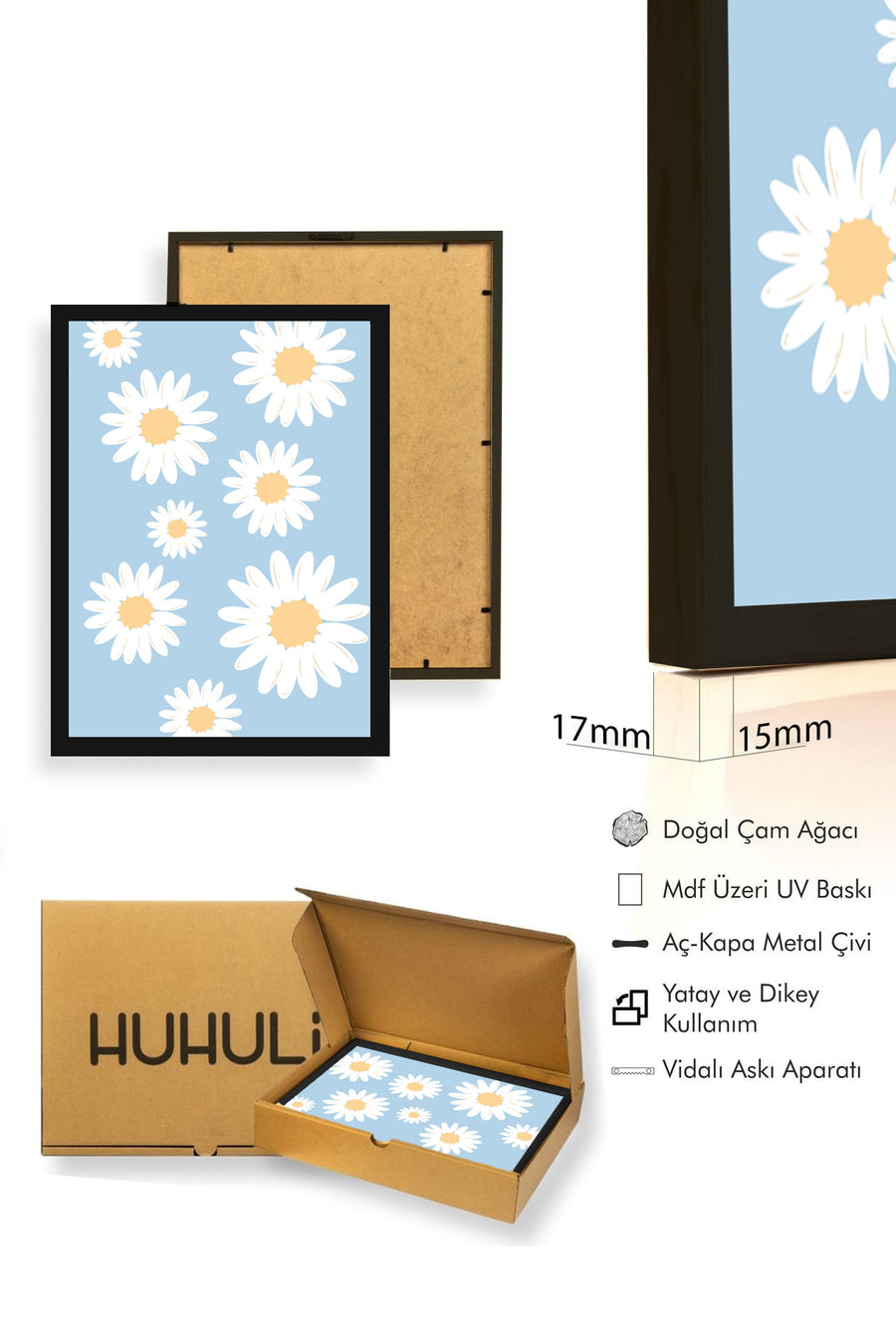 Doğal Ahşap Çerçeveli Retro Tablo - Sarı Daisy Çiçekli Duvar Dekoru | huhu2620