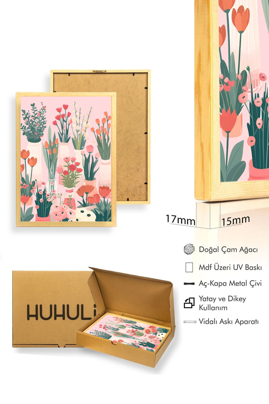 Doğal Ahşap Çerçeveli Retro Floral Tablo - Pastel Çiçek Desenli | huhu2621