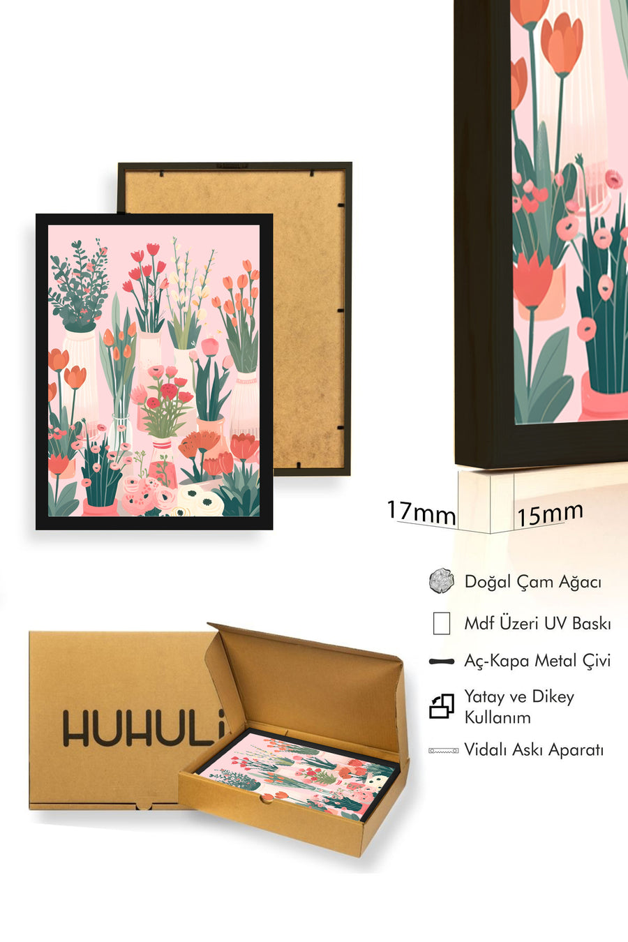 Doğal Ahşap Çerçeveli Retro Floral Tablo - Pastel Çiçek Desenli | huhu2621