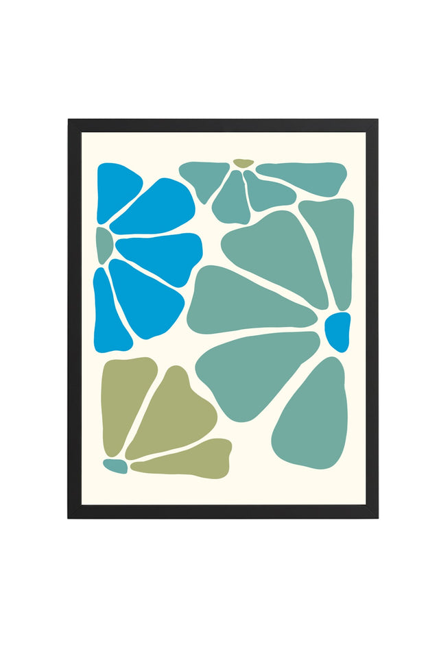 Doğal Ahşap Çerçeveli Retro Tablo - Soyut Geometrik Mavi Yeşil Dekoratif Tablo | huhu2622