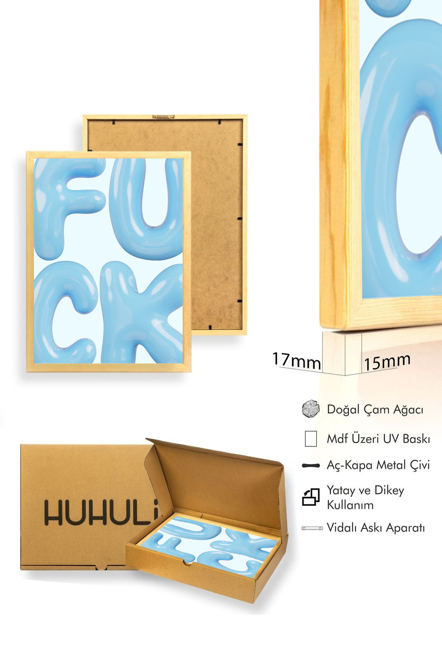 Doğal Ahşap Çerçeveli Retro Tablo - FUCK Yazılı Pop Art | huhu2624