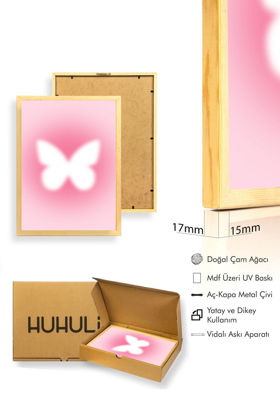 Doğal Ahşap Çerçeveli Retro Kelebek Tablo - Modern Grafik Desen | huhu2625