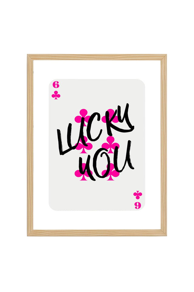 Doğal Ahşap Çerçeveli Retro Tablo - Pembe Kaligrafi Lucky You Duvar Dekoru | huhu2628