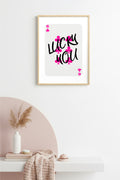 Doğal Ahşap Çerçeveli Retro Tablo - Pembe Kaligrafi Lucky You Duvar Dekoru | huhu2628