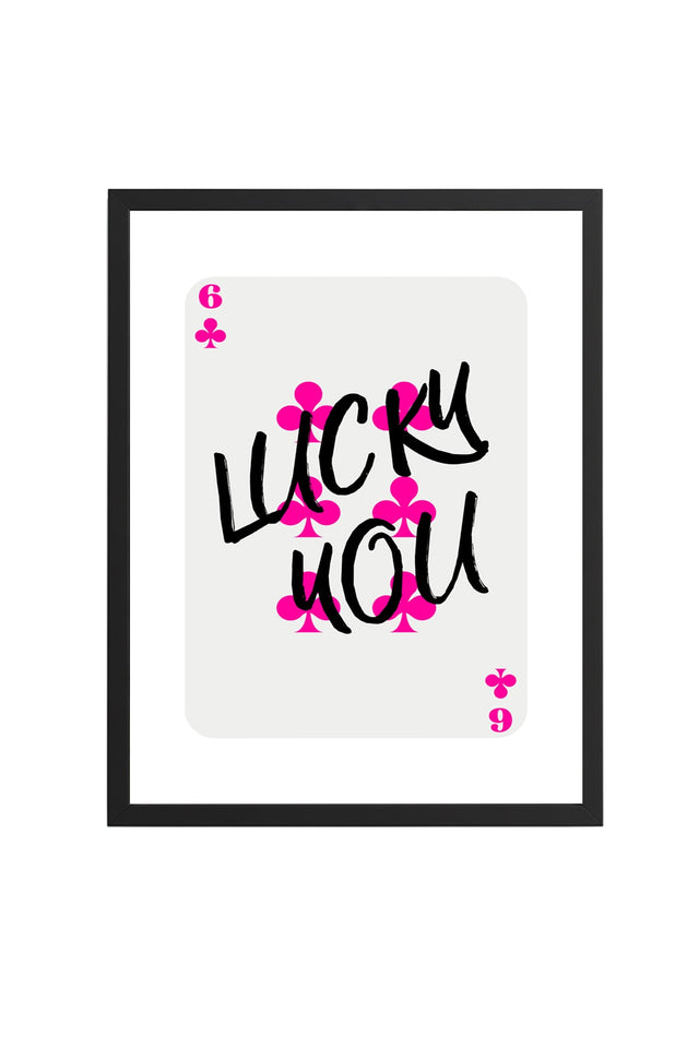 Doğal Ahşap Çerçeveli Retro Tablo - Pembe Kaligrafi Lucky You Duvar Dekoru | huhu2628