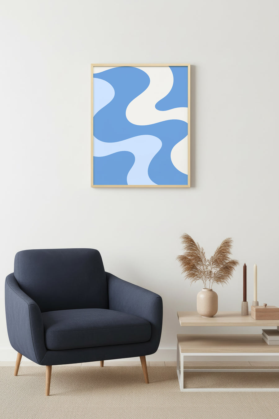Doğal Ahşap Çerçeveli Retro Soyut Dalga Tablo - Mavi Tonlar | huhu2630
