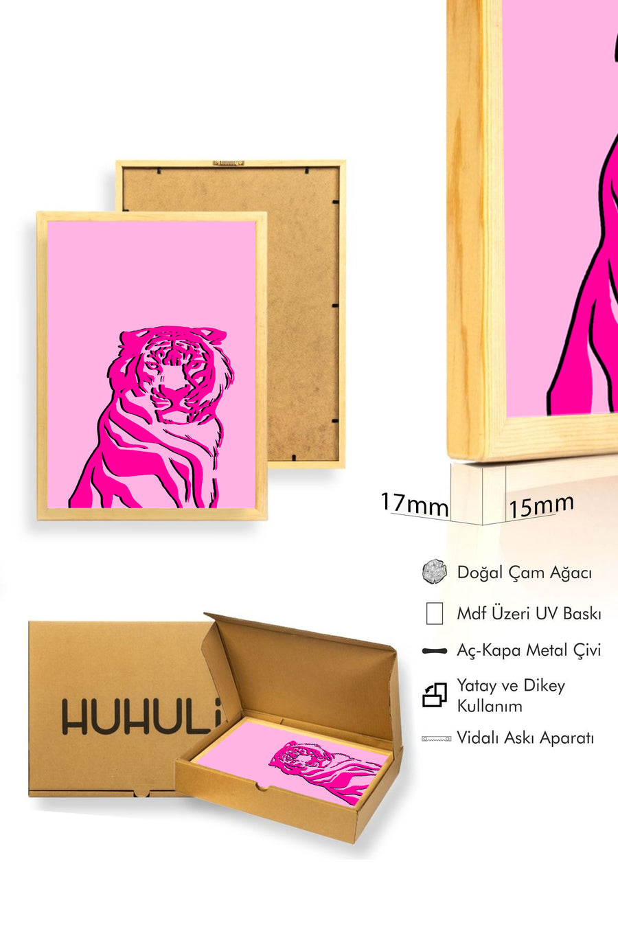 Doğal Ahşap Çerçeveli Retro Kaplan Tablo - Canlı Pembe Portre | huhu2633