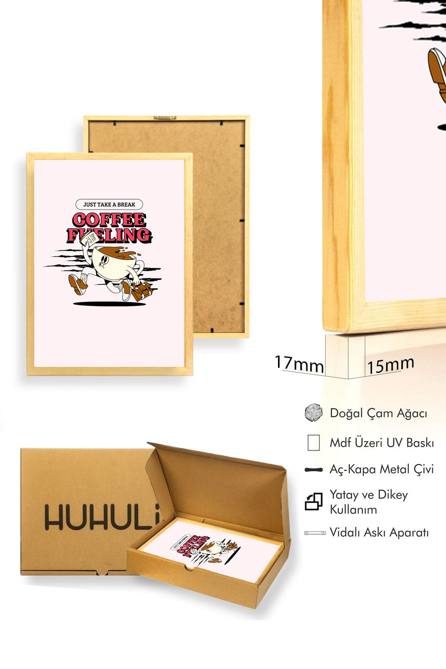 Doğal Ahşap Çerçeveli Pop Art Kahve Temalı Tablo - Mola Ver | huhu2634
